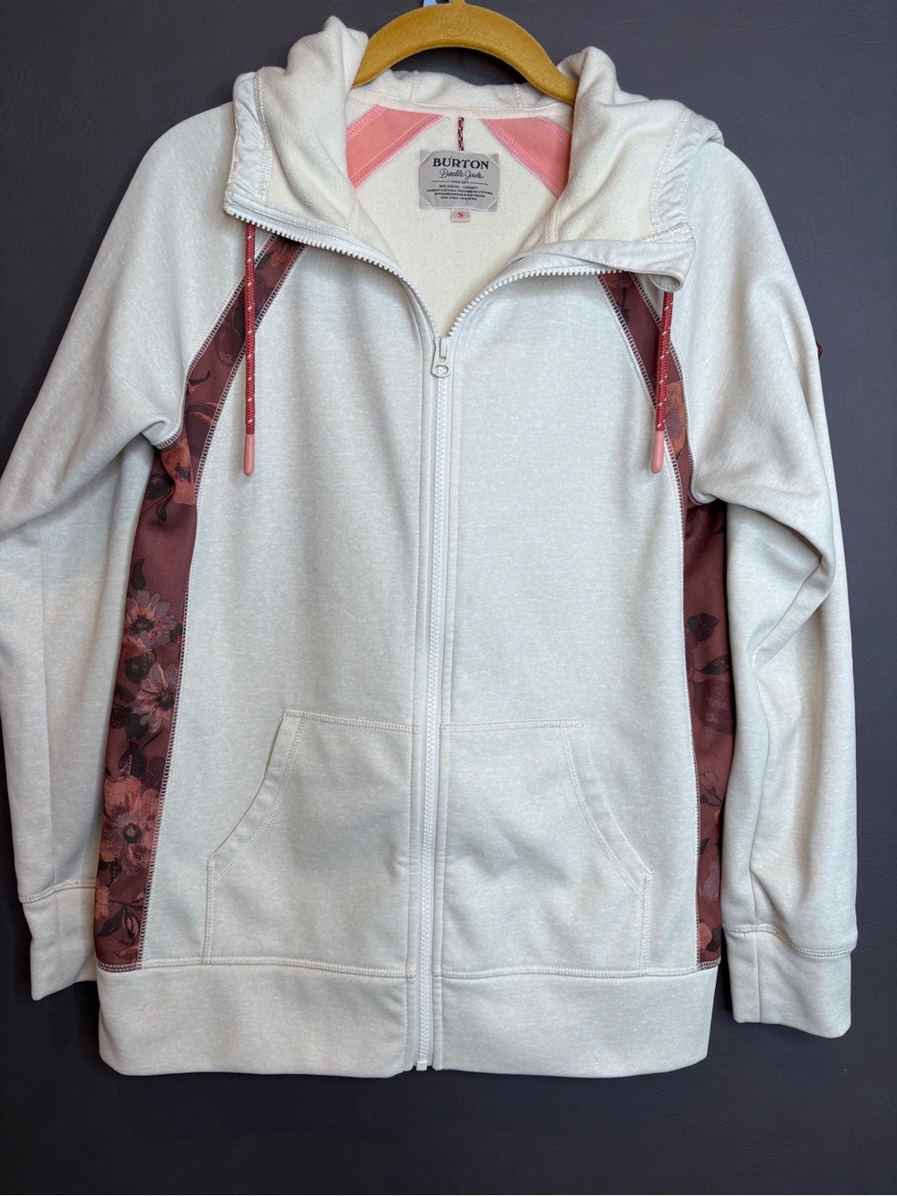 Burton Cream Zip Hoodie with Rose-Patterned Dusty Pink Panels